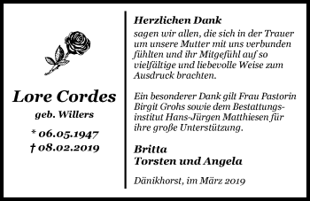 Traueranzeige von Lore Cordes von Nordwest-Zeitung