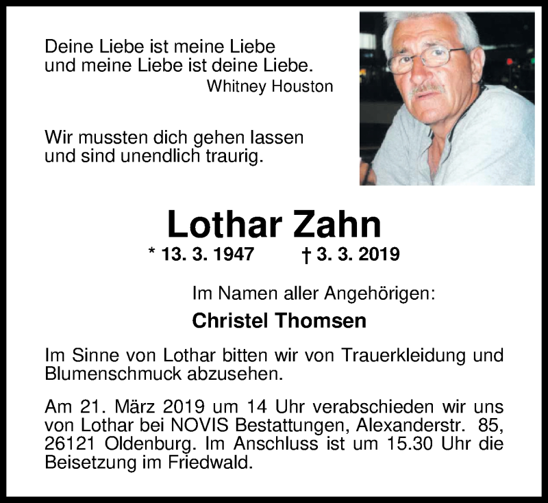  Traueranzeige für Lothar Zahn vom 09.03.2019 aus Nordwest-Zeitung
