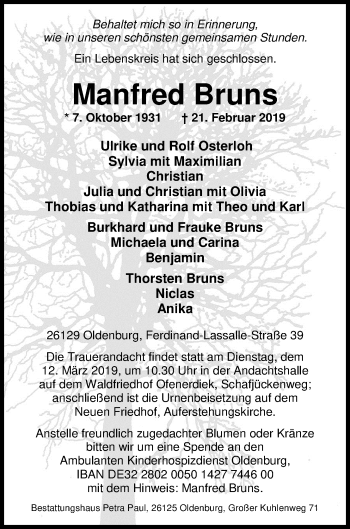 Traueranzeige von Manfred Bruns von Nordwest-Zeitung