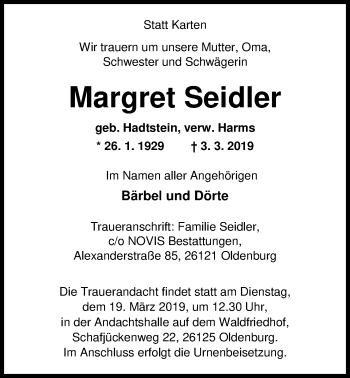Traueranzeige von Margret Seidler von Nordwest-Zeitung