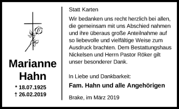Traueranzeige von Marianne Hahn von Nordwest-Zeitung