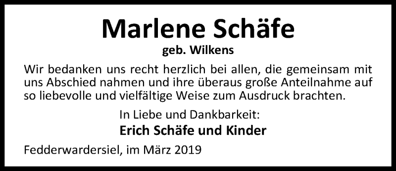  Traueranzeige für Marlene Schäfe vom 15.03.2019 aus Nordwest-Zeitung