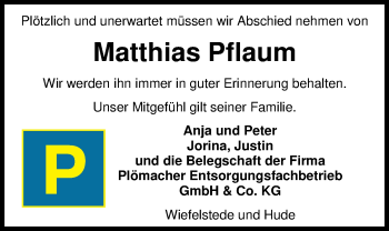 Traueranzeige von Matthias Pflaum von Nordwest-Zeitung