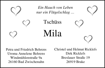 Traueranzeige von Mila Behrens von Nordwest-Zeitung