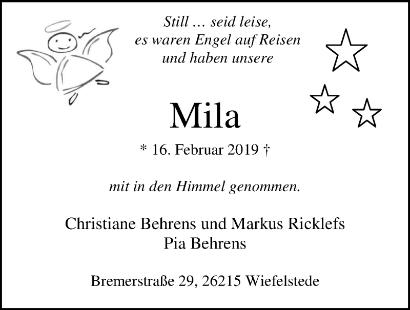  Traueranzeige für Mila behrens vom 02.03.2019 aus Nordwest-Zeitung
