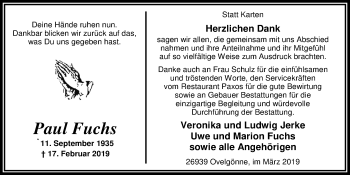 Traueranzeige von Paul Fuchs von Nordwest-Zeitung