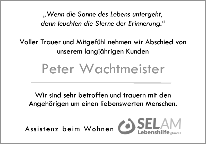  Traueranzeige für Peter Wachtmeister vom 16.03.2019 aus Nordwest-Zeitung
