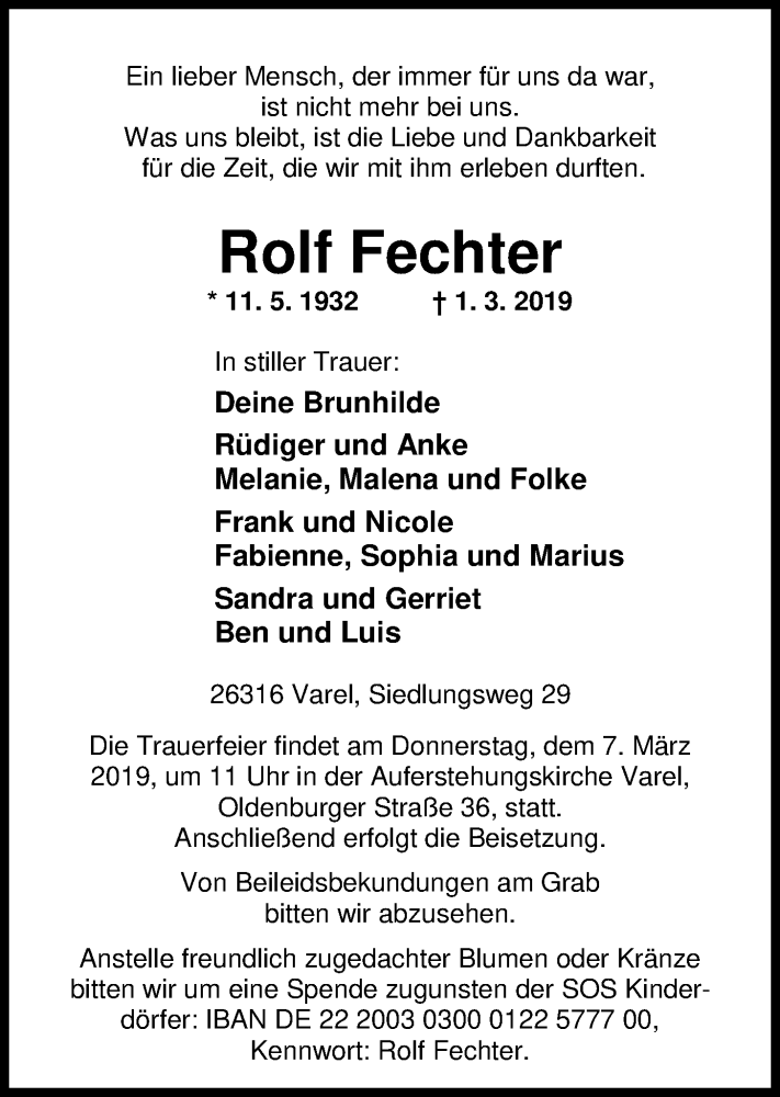 Traueranzeige für Rolf Fechter vom 05.03.2019 aus Nordwest-Zeitung