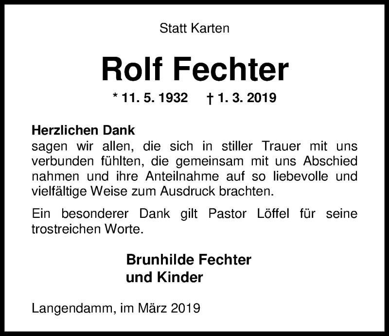  Traueranzeige für Rolf Fechter vom 30.03.2019 aus Nordwest-Zeitung
