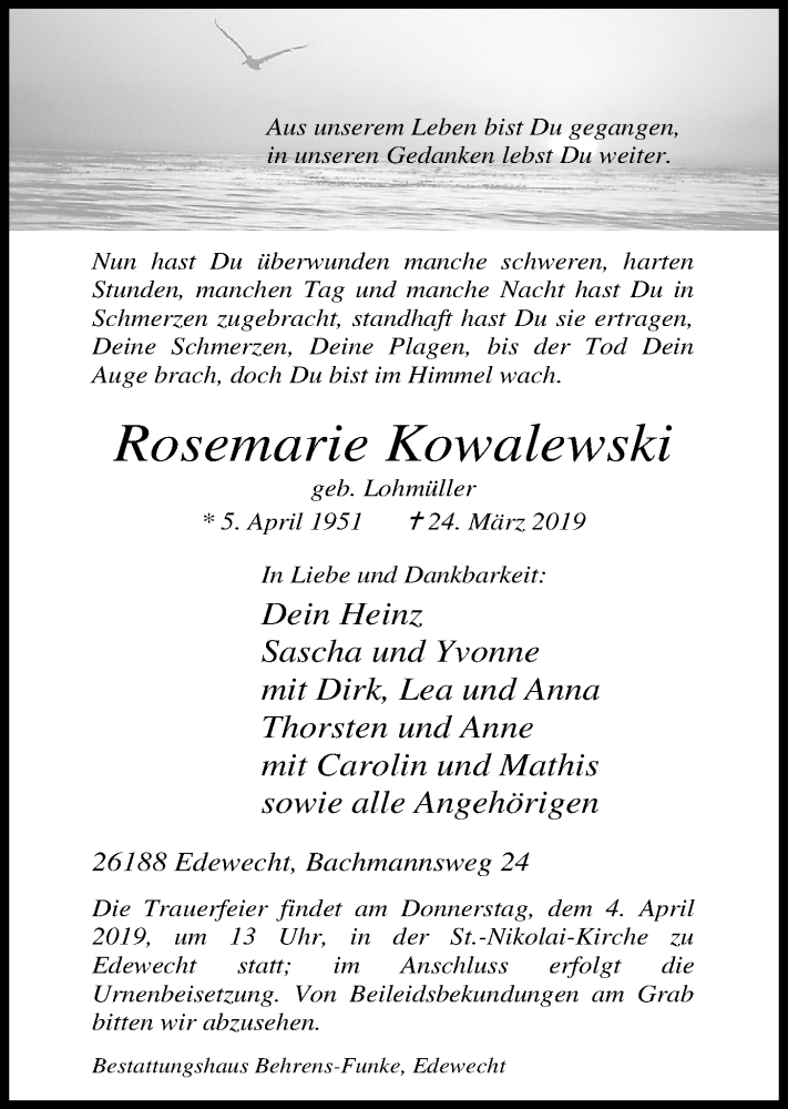  Traueranzeige für Rosemarie Kowalewski vom 30.03.2019 aus Nordwest-Zeitung