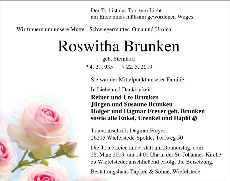  Traueranzeige für Roswitha Brunken vom 26.03.2019 aus Nordwest-Zeitung