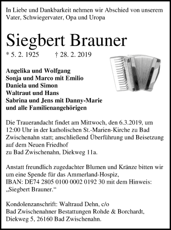 Traueranzeige von Siegbert Brauner von Nordwest-Zeitung