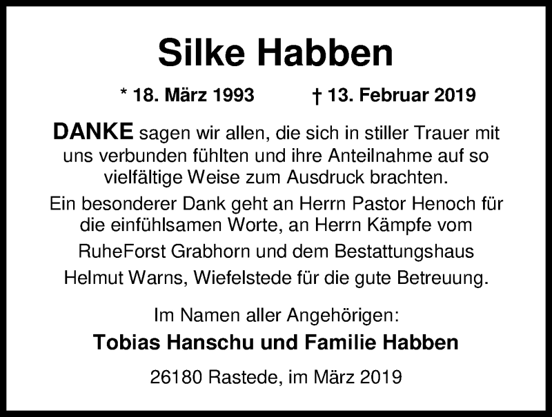  Traueranzeige für Silke Habben vom 15.03.2019 aus Nordwest-Zeitung