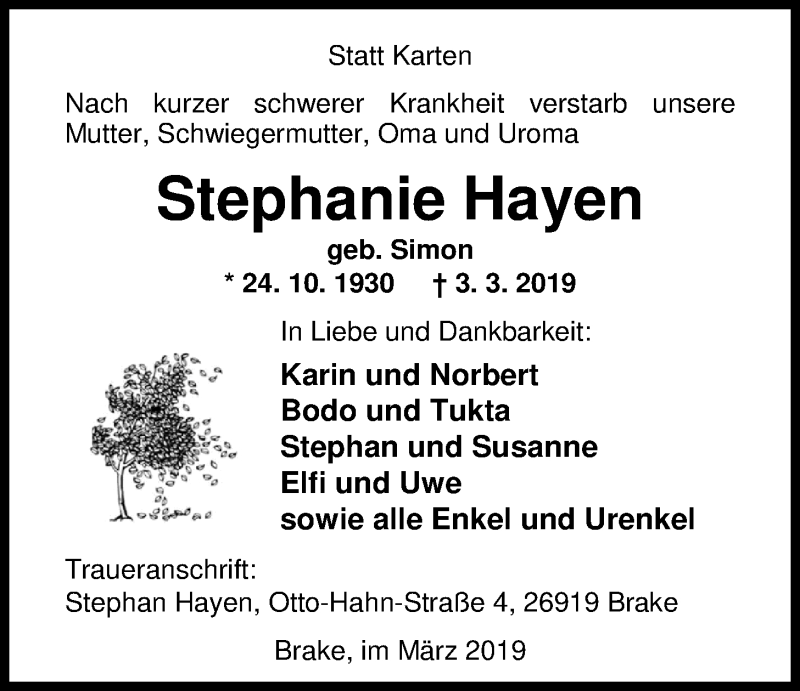  Traueranzeige für Stephanie Hayen vom 09.03.2019 aus Nordwest-Zeitung