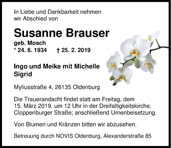 Traueranzeige von Susanne Brauser von Nordwest-Zeitung