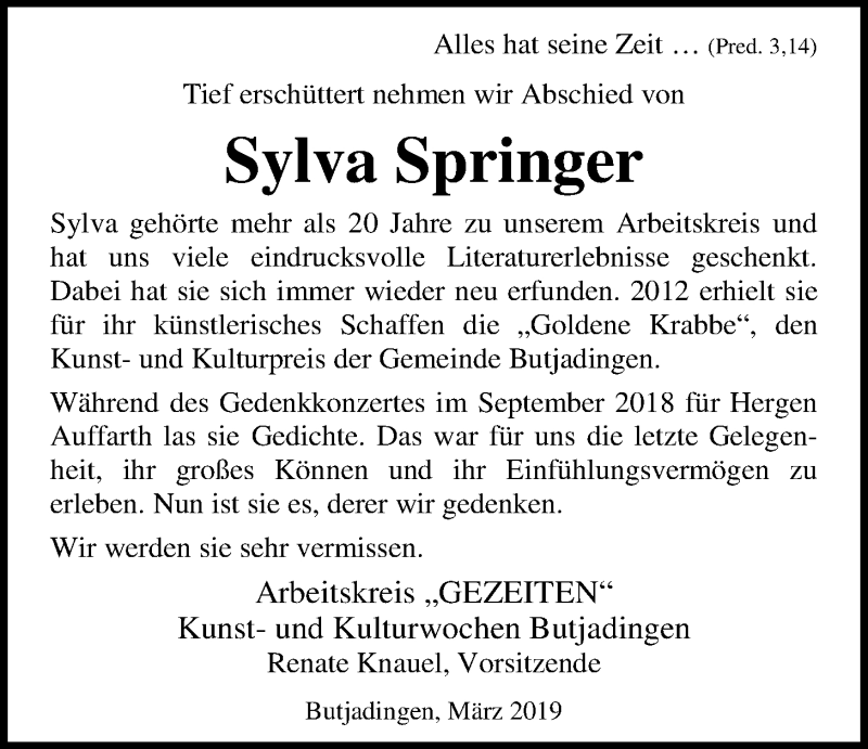  Traueranzeige für Sylva Springer vom 21.03.2019 aus Nordwest-Zeitung