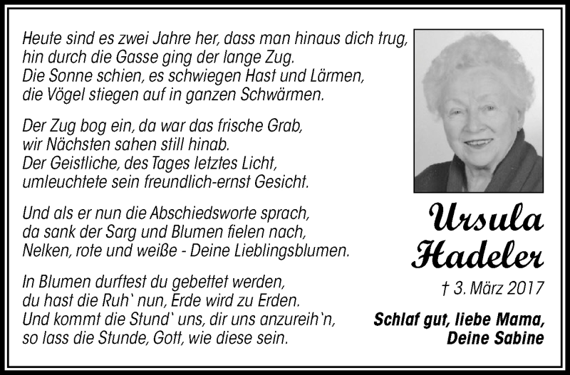  Traueranzeige für Ursula Hadeler vom 02.03.2019 aus Nordwest-Zeitung