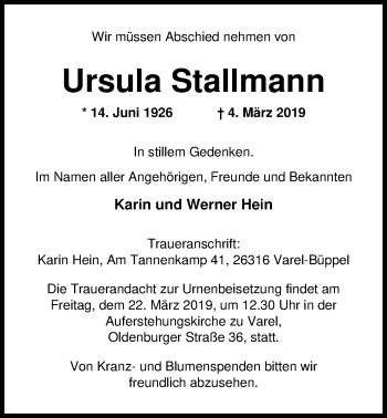 Traueranzeige von Ursula Stallmann von Nordwest-Zeitung
