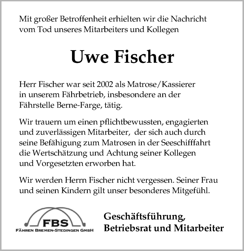  Traueranzeige für Uwe Fischer vom 14.03.2019 aus Nordwest-Zeitung