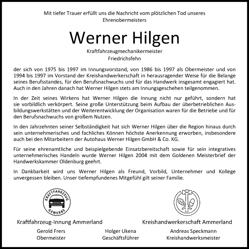  Traueranzeige für Werner Hilgen vom 01.03.2019 aus Nordwest-Zeitung