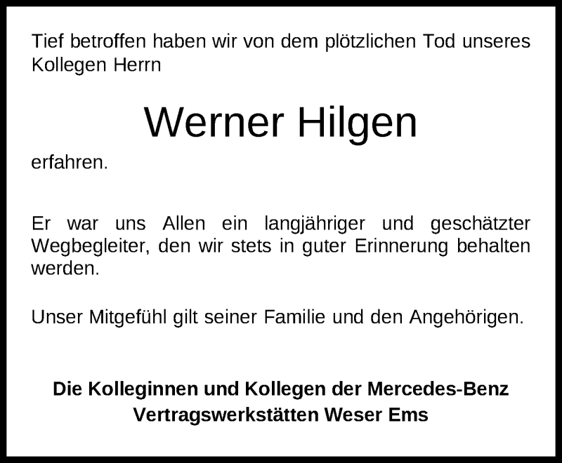  Traueranzeige für Werner Hilgen vom 05.03.2019 aus Nordwest-Zeitung