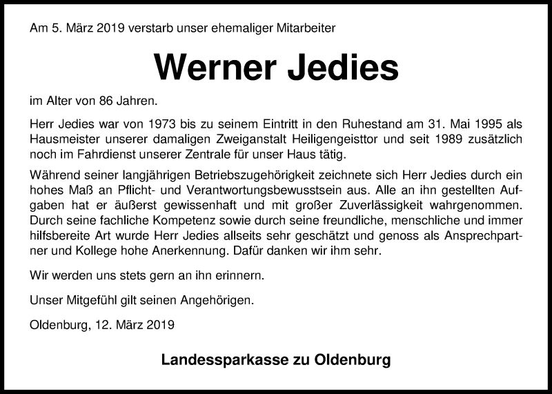  Traueranzeige für Werner Jedies vom 12.03.2019 aus Nordwest-Zeitung