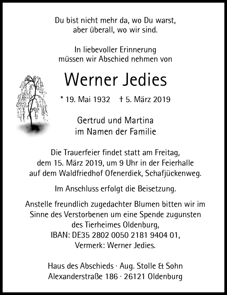  Traueranzeige für Werner Jedies vom 11.03.2019 aus Nordwest-Zeitung