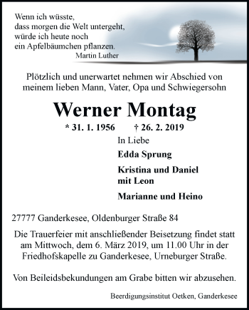 Traueranzeige von Werner Montag von Nordwest-Zeitung