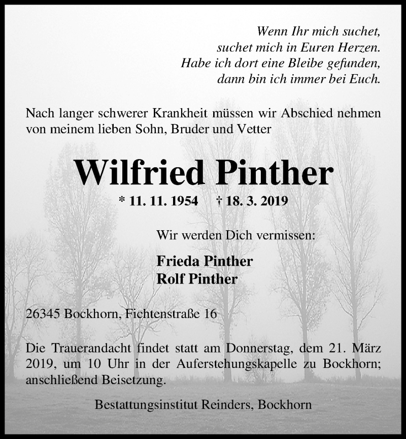  Traueranzeige für Wilfried Pinther vom 20.03.2019 aus Nordwest-Zeitung