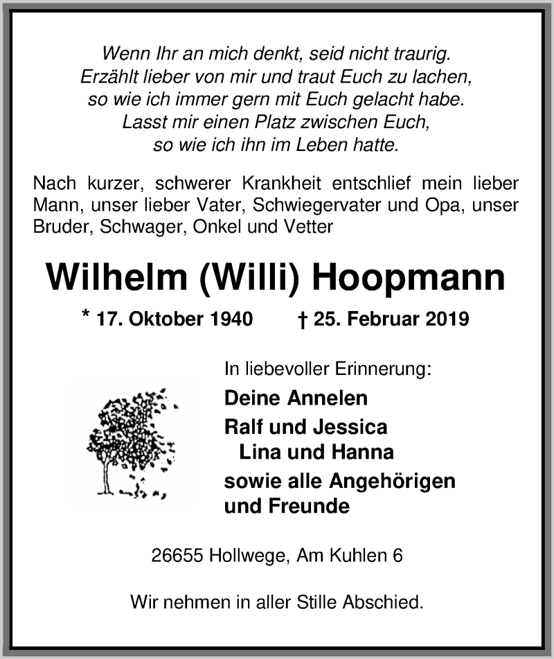  Traueranzeige für Wilhelm Hoopmann vom 01.03.2019 aus Nordwest-Zeitung