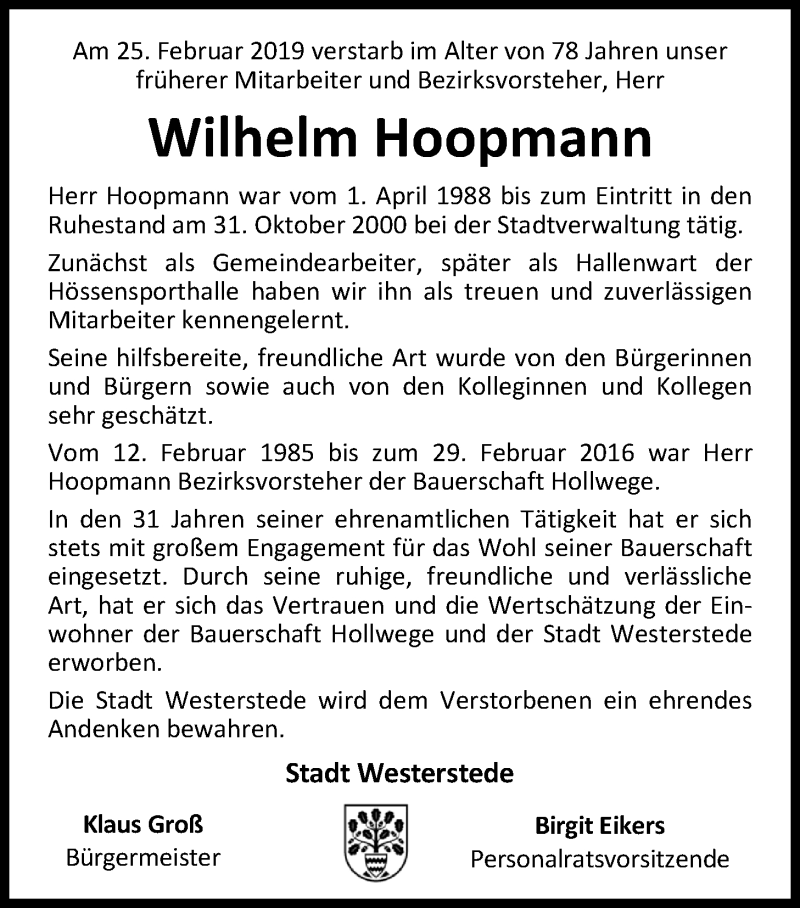  Traueranzeige für Wilhelm Hoopmann vom 01.03.2019 aus Nordwest-Zeitung