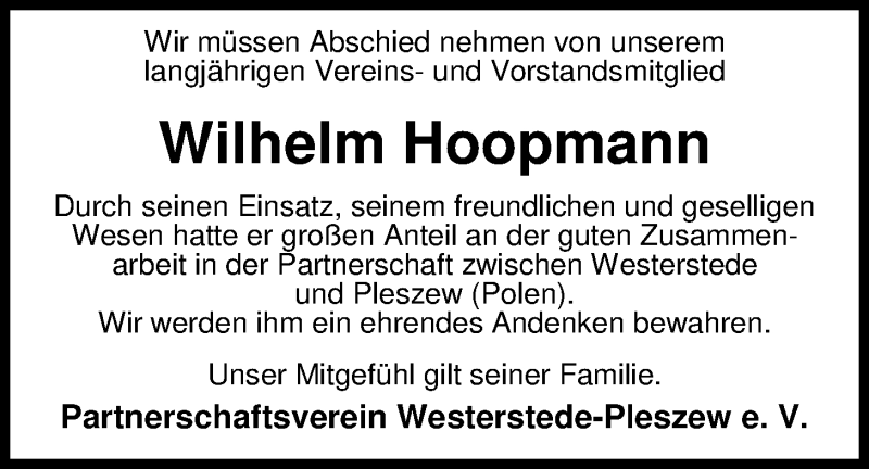 Traueranzeige für Wilhelm Hoopmann vom 01.03.2019 aus Nordwest-Zeitung