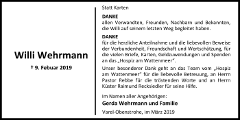 Traueranzeige von Willi Wehrmann von Nordwest-Zeitung