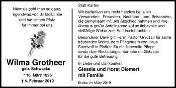 Traueranzeige von Wilma Grotheer von Nordwest-Zeitung