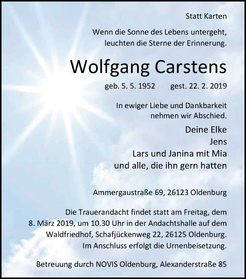  Traueranzeige für Wolfgang Carstens vom 04.03.2019 aus Nordwest-Zeitung