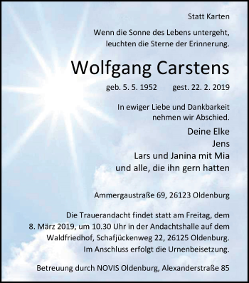 Traueranzeige von Wolfgang Carstens von Nordwest-Zeitung