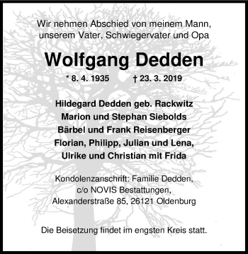 Traueranzeige von Wolfgang Dedden von Nordwest-Zeitung