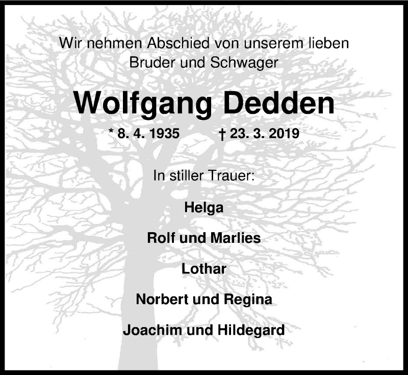  Traueranzeige für Wolfgang Dedden vom 29.03.2019 aus Nordwest-Zeitung