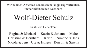 Traueranzeige von Wolf-Dieter Schulz von Nordwest-Zeitung