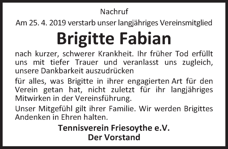  Traueranzeige für Brigitte Fabian vom 29.04.2019 aus Nordwest-Zeitung
