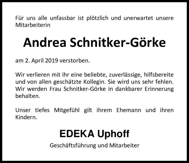  Traueranzeige für Andrea Schnitker-Görke vom 08.04.2019 aus Nordwest-Zeitung