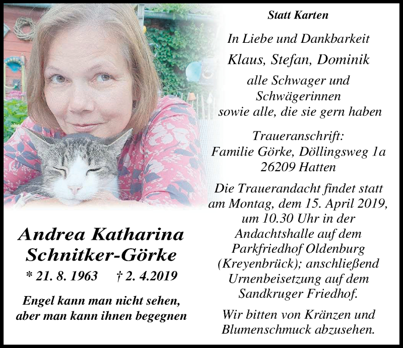 Traueranzeige für Andrea Schnitker-Görke vom 08.04.2019 aus Nordwest-Zeitung