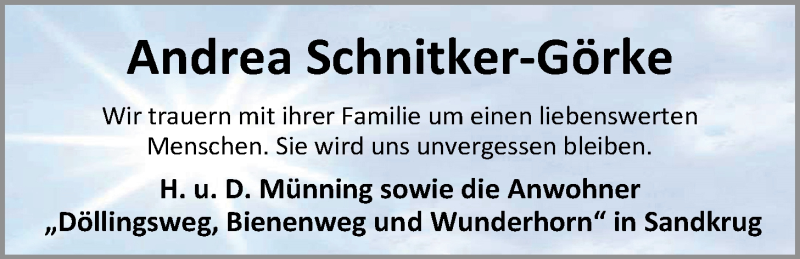  Traueranzeige für Andrea Schnitker-Görke vom 09.04.2019 aus Nordwest-Zeitung