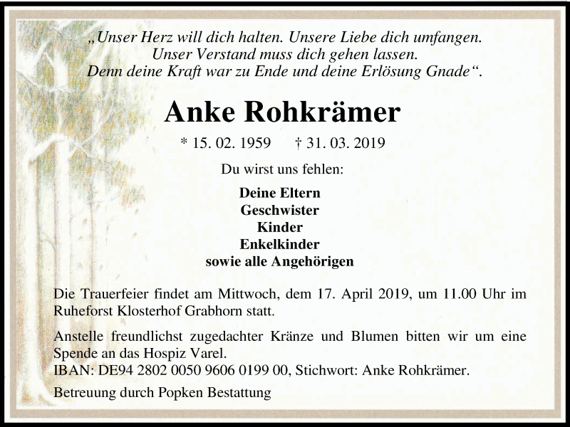  Traueranzeige für Anke Rohkrämer vom 13.04.2019 aus Nordwest-Zeitung
