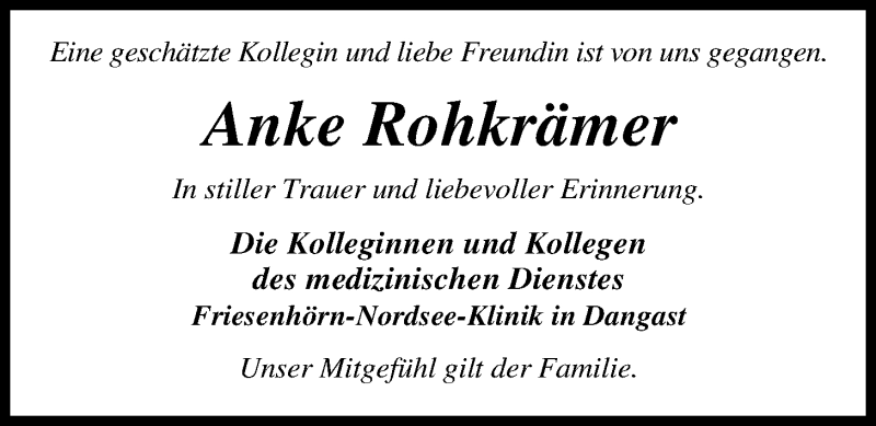  Traueranzeige für Anke Rohkrämer vom 13.04.2019 aus Nordwest-Zeitung
