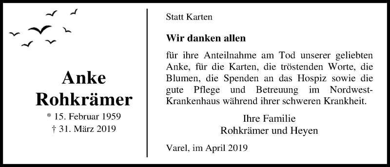  Traueranzeige für Anke Rohkrämer vom 20.04.2019 aus Nordwest-Zeitung