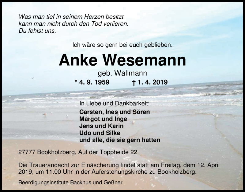 Traueranzeige für Anke Wesemann vom 06.04.2019 aus Nordwest-Zeitung