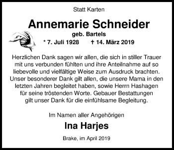 Traueranzeige von Annemarie Schneider von Nordwest-Zeitung