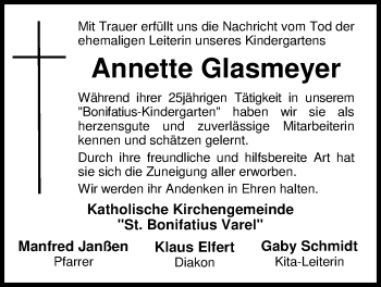 Traueranzeige von Annette Glasmeyer von Nordwest-Zeitung