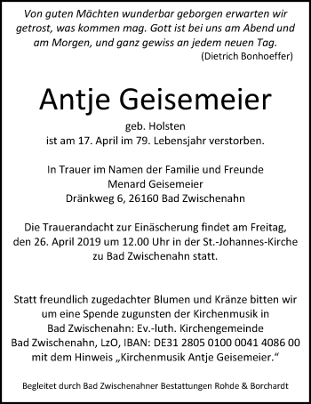 Traueranzeige von Antje Geisemeier von Nordwest-Zeitung